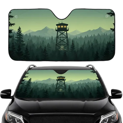 Fire Lookout Tower Ancient Pine Forest Mountain Range Glowing Windows - Road Trip Gift Car Sunshade