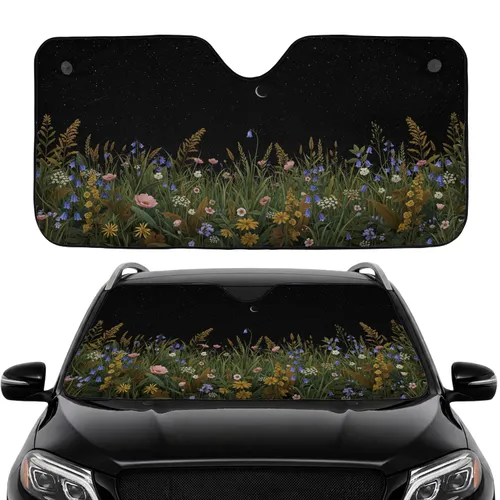 Lush Botanical Wildflowers Night Sky Stars Crescent Moon Car Interior Upgrade Car Sunshade