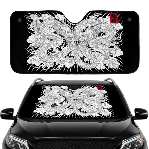 Japanese Dragons Swirling Clouds Red Katakana - Car Interior Upgrade Road Trip Gift Car Sunshade