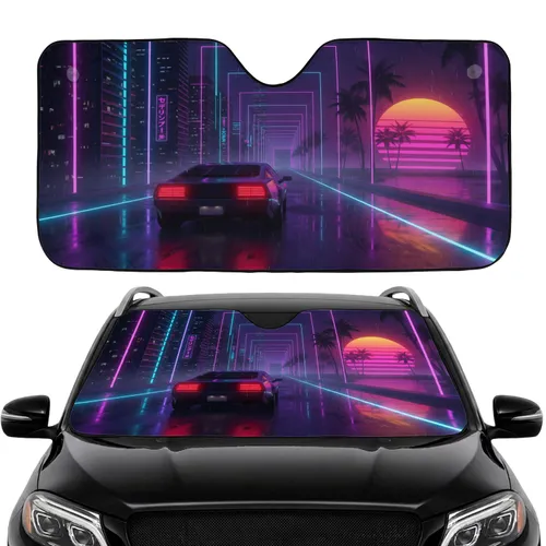 Retro Sports Car Cyberpunk City Wet Road Sunset Grid Tunnel - Car Interior Upgrade Car Sunshade
