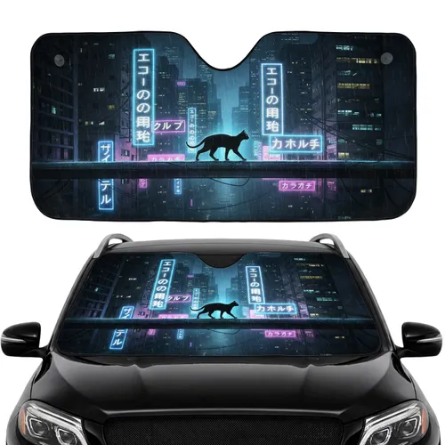 Black Cat Japanese Glowing Cyber Cityscape - Car Interior Upgrade for Cat Lover Car Sunshade