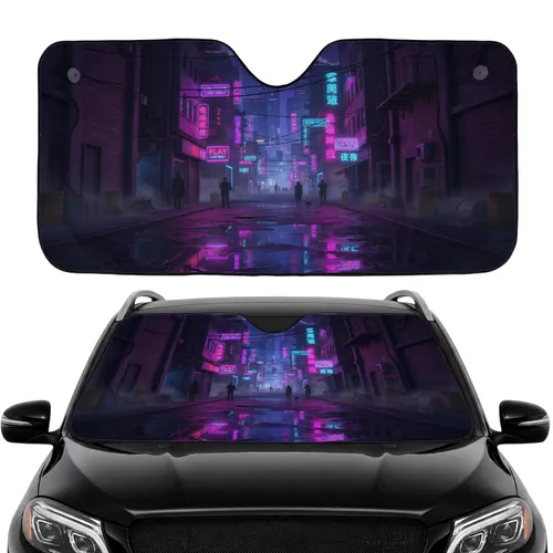 Cyberpunk Alleyway Neon Signs with Silhouettes - Futuristic Asian City Car Interior Upgrade Car Sunshade
