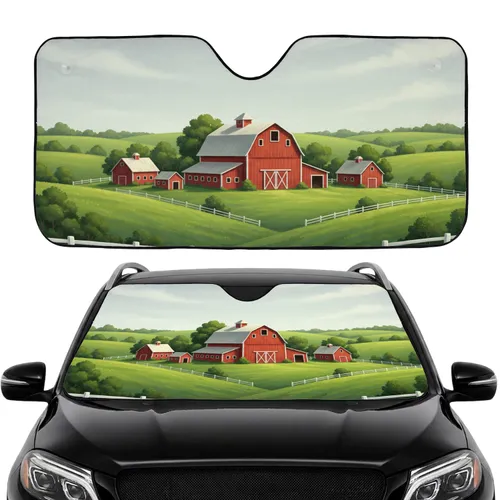 Classic Red Barns Green Hills Farmhouses Rural View Road Trip Gift Car Sunshade