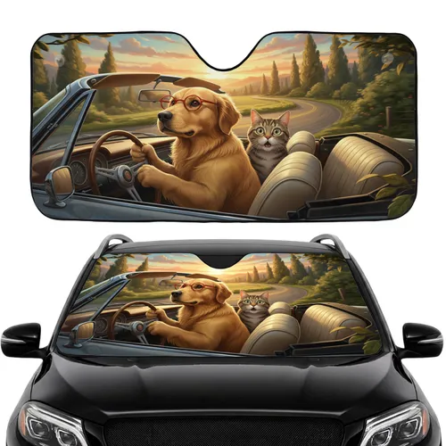 Golden Retriever Tabby Cat Driving Mountain Sunset Road Trip Gift for Pet Lovers Car Sunshade
