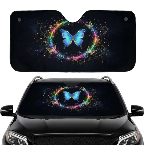 Luminous Blue Butterfly Iridescent Stream Golden Cosmic Swirls - Road Trip Gift Car Sunshade