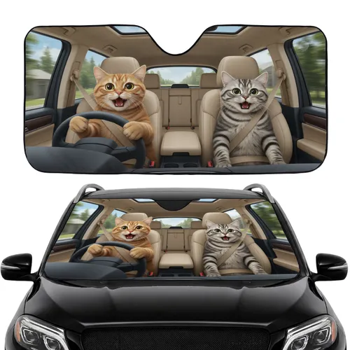 Tabby Cats Driving Steering Wheel High Speed - Car Interior Upgrade Car Sunshade