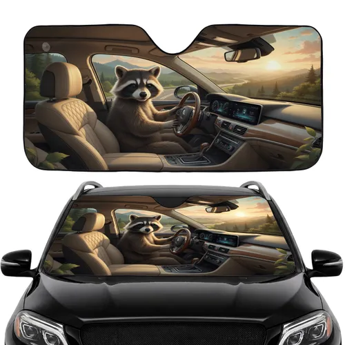 Raccoon Wooden Steering Wheel Car Interior Scenic Highway Mountains - Road Trip Gift Car Sunshade