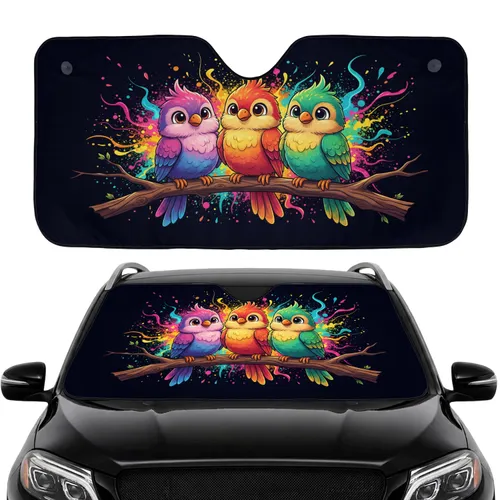 Wide-Eyed Birds with Messy Plumage on Gnarled Branch - Road Trip Gift for Bird Lover Car Sunshade
