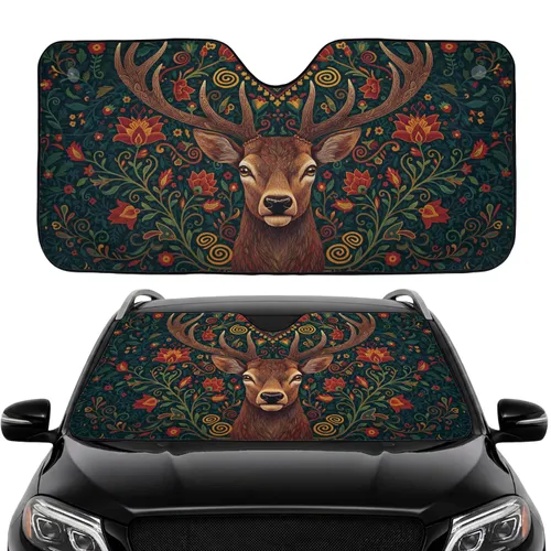 Stag Head Antlers Floral Antique Fabric Tapestry - Wildlife Lover Car Interior Upgrade Car Sunshade