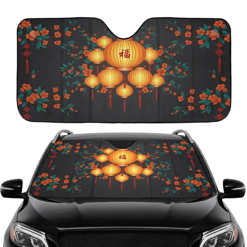 Glowing Chinese Lanterns Forest Foliage Blossoms - Car Interior Upgrade Car Sunshade