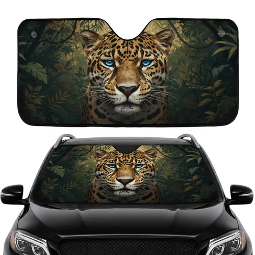 Leopard Electric Blue Eyes Jungle Scene - Car Interior Upgrade Road Trip Essentials Car Sunshade
