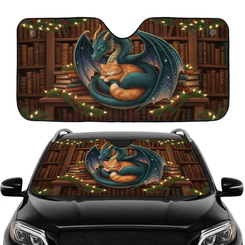 Sleeping Dragon Cat Library Bookshelf - Car Interior Upgrade for Fantasy Fans Car Sunshade