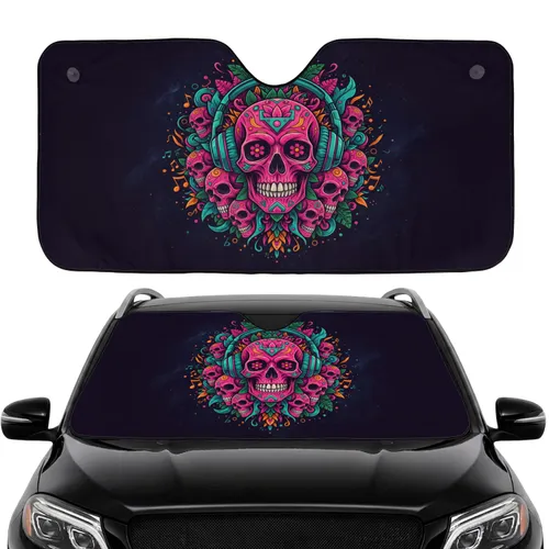 Human Skulls Headphones Bones Flowers Road Trip Gift Car Sunshade
