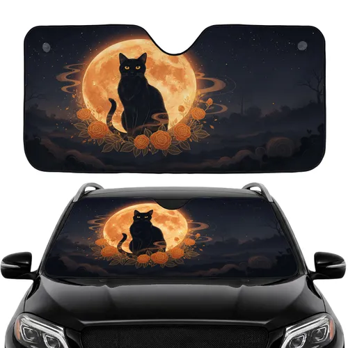 Black Cat Orange Moon Autumn Leaves - Car Interior Upgrade for Cat Lover Car Sunshade