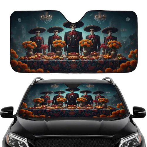 Calavera Mariachi Skeletons Ornate Table Floral Feast - Car Interior Upgrade Car Sunshade