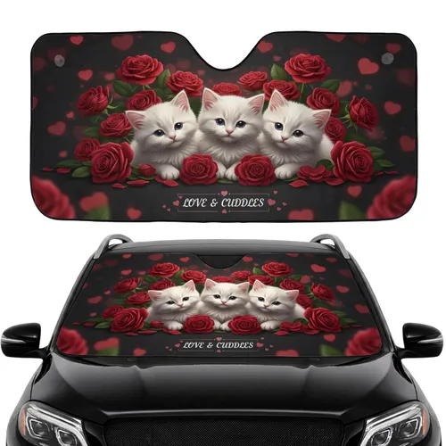 Three Fluffy White Kittens Red Roses Glowing Hearts - Commute Accessory Car Sunshade