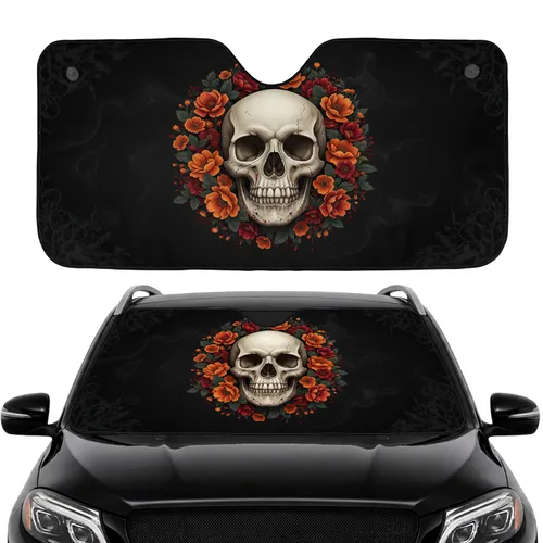 Bone Textured Skull Autumnal Flowers Car Interior Upgrade Car Sunshade