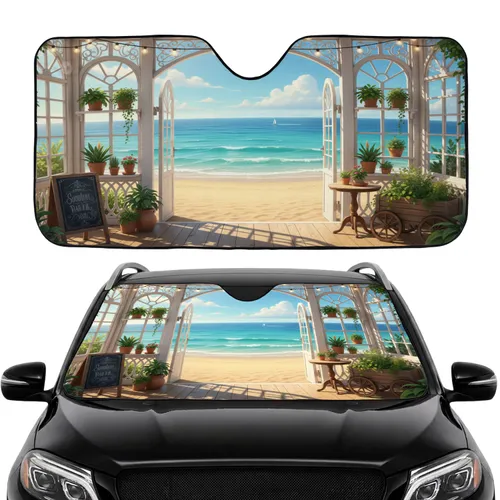 Beachside Cafe Ocean View Rustic Decor Greenery - Car Interior Upgrade Car Sunshade