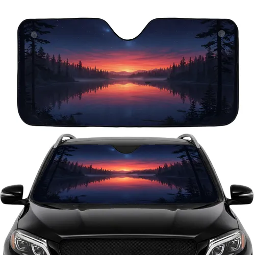 Tranquil Mountain Lake Evergreen Trees Stars Twilight Sky Reflection - Commute Accessory Car Sunshade
