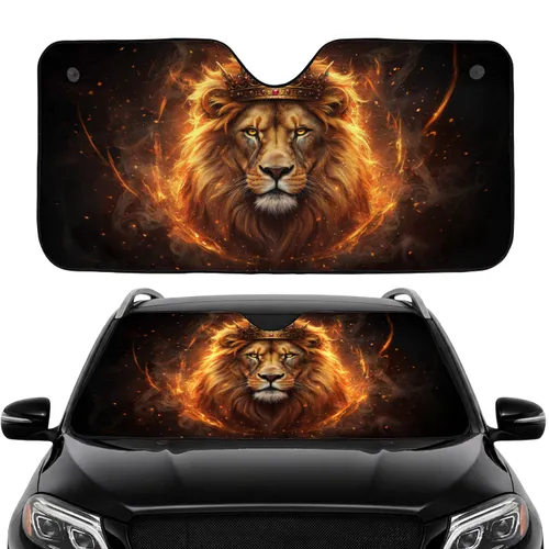 Powerful Lion Golden Crown Fiery Embers - Car Interior Upgrade Car Sunshade