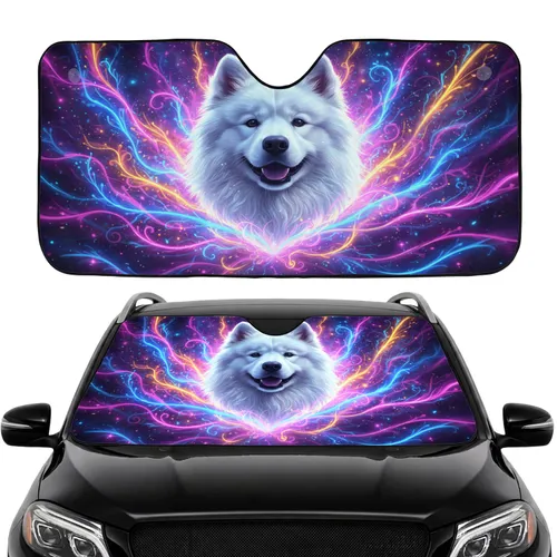 Luminous Fluffy Samoyed Dog Cosmic Energy Starfield Car Interior Upgrade Car Sunshade