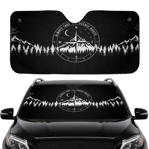 Rugged Mountain Compass Rose Forest Moonlit Night Sky - Road Trip Travel Accessory Car Sunshade
