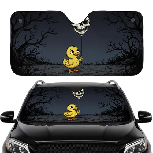 Fluffy Yellow Duckling White Skull Balloon Dark Mist Bare Branches - Travel Essentials Gift Car Sunshade