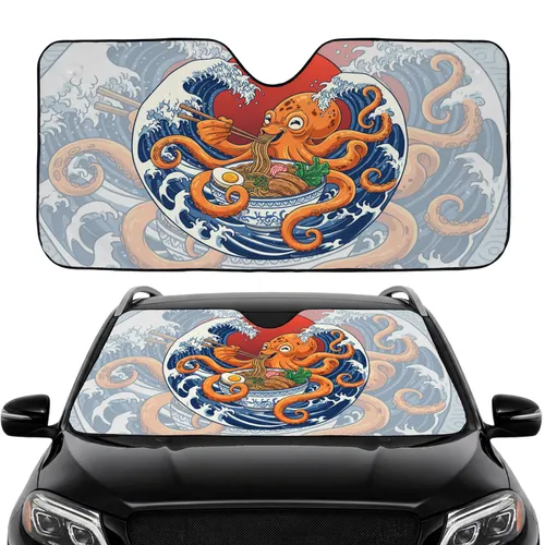 Orange Octopus Ramen with Dark Spots Ukiyo-e Ocean Waves Red Sun - Road Trip Essential Car Interior Upgrade Car Sunshade
