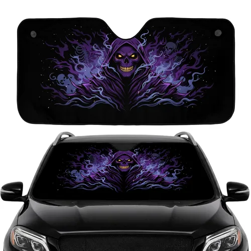 Spectral Grim Reaper Skull Tattered Purple Cowl Electric Yellow Eyes - Car Interior Upgrade Car Sunshade