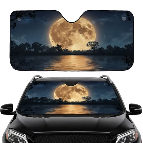 Golden Full Moon Silhouetted Trees Reflective Water Night Sky - Car Interior Upgrade Car Sunshade