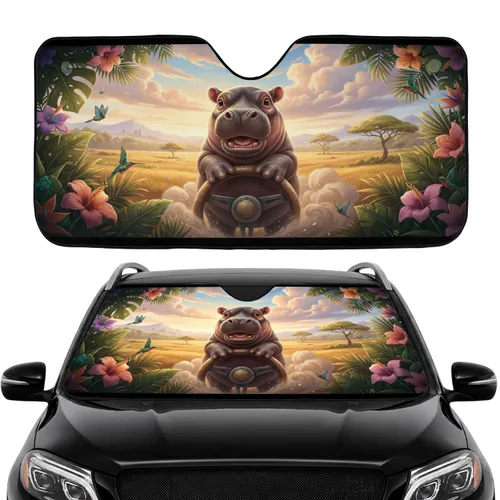 Baby Pygmy Hippo Tropical Savannah Scenery - Car Interior Upgrade for Pygmy Hippo Lover Car Sunshade