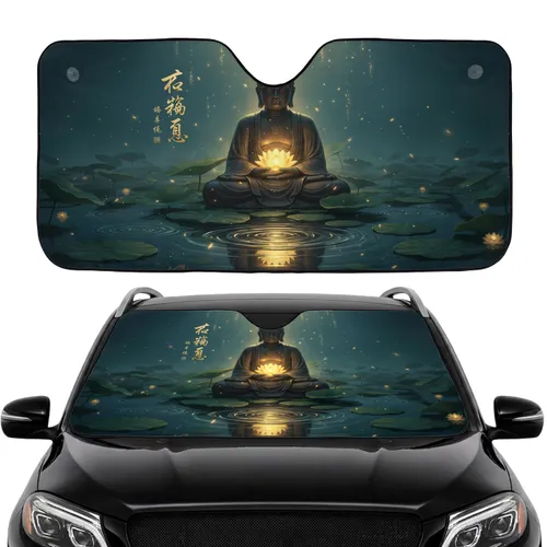 Ancient Stone Buddha Golden Lotus Lily Pad Pond - Car Interior Upgrade Car Sunshade