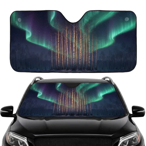 Electric Green Purple Aurora Borealis Midnight Sky Slender Trees Car Interior Upgrade Car Sunshade