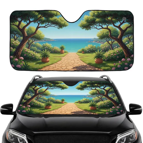 Winding Flagstone Path Ocean Vista Potted Floral Coastal Pines - Car Interior Upgrade Car Sunshade