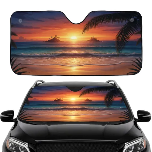 Tropical Sunset Volcanic Island Palm Frond Ocean - Road Trip Travel Essentials Car Upgrade Car Sunshade