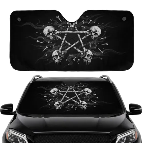Grim Human Skulls Intertwined Bone Pentagram - Road Trip Travel Essentials Car Sunshade