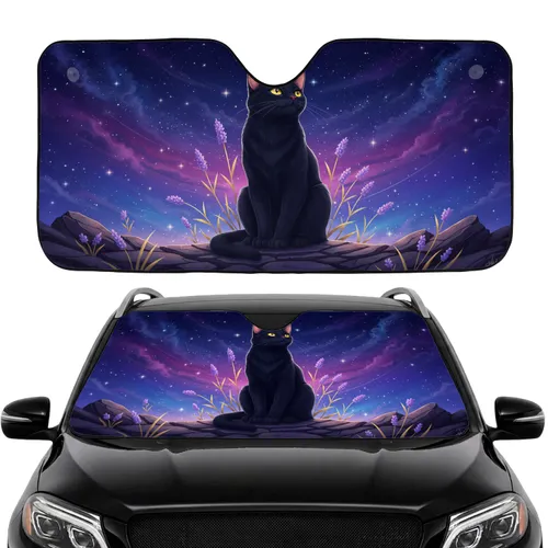Black Cat Lavender Plants Cosmic Night Sky - Car Interior Upgrade for Cat Lover Gift Car Sunshade