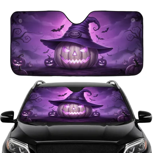 Grinning Ghoulish Jack-o'-lantern Witch Hat Bats Moonlit Sky - Halloween Travel Essential Car Sunshade
