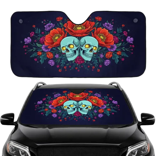 Light Blue Skulls Red Orange Poppies Dark Foliage Night Sky - Car Interior Upgrade Car Sunshade
