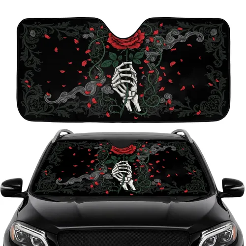 Realistic Gothic Skeleton Hand Red Rose Vines Moonlit Garden - Car Interior Upgrade Car Sunshade