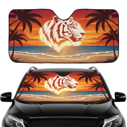 Majestic White Tiger Head Distinctive Black Stripes Tropical Jungle Palms - Travel Essentials Car Sunshade