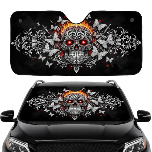 Fiery Ornate Sugar Skull Calavera White Butterflies Scrollwork - Car Interior Upgrade Car Sunshade