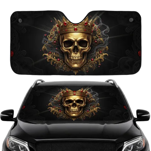 Opulent Golden Crowned Skull Ruby Jewels Dark Smoke Gold Dust - Car Interior Upgrade Car Sunshade