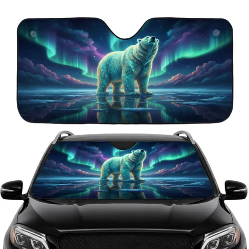 Majestic Glowing Polar Bear Fractured Ice Aurora Borealis Arctic Night - Car Interior Upgrade Car Sunshade
