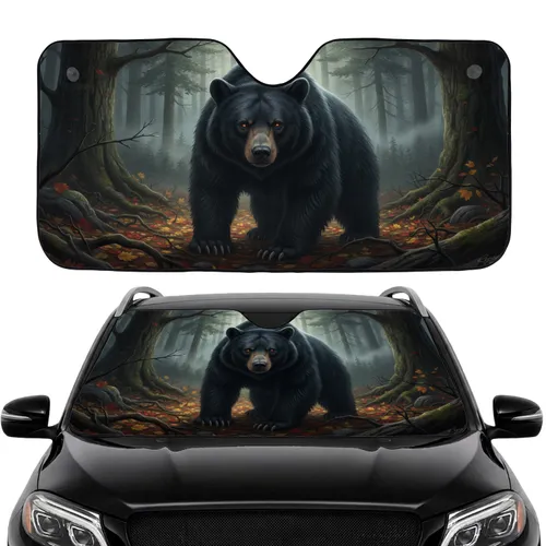 Black Bear Ancient Forest Autumn Leaves - Car Interior Upgrade Car Sunshade
