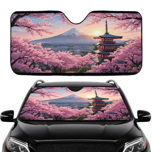 Mount Fuji Pagoda Cherry Blossom Japanese Village Car Interior Upgrade Car Sunshade