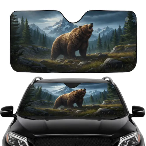 Majestic Roaring Grizzly Bear Mountain Forest Stormy Sky - Wildlife Lover Road Trip Gift Car Sunshade