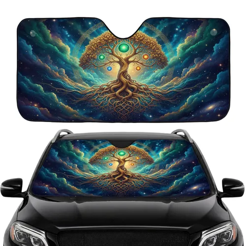Golden Tree of Life Jewel Orbs Celtic Border Cosmic Nebula - Car Interior Upgrade Car Sunshade