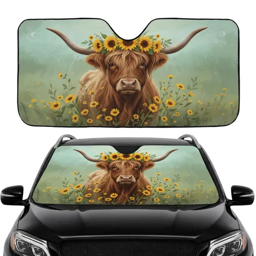 Highland Cow Wildflower Sunflowers - Road Trip Accessory for Cow Lover Car Sunshade