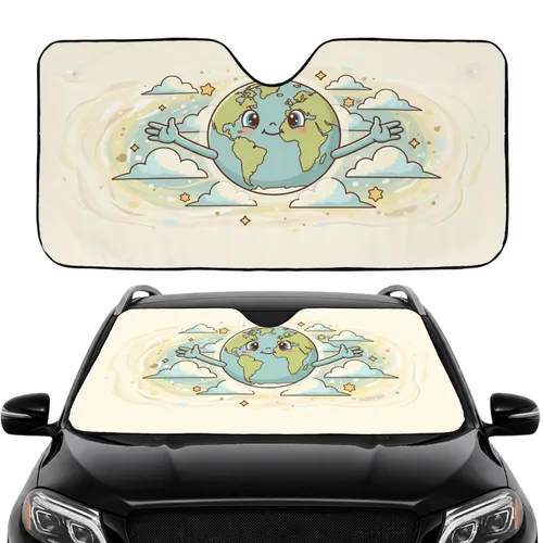 Earth Character Green Brown Continents Blue Oceans Cosmic Sky Stars Rings - Travel Essentials Car Sunshade